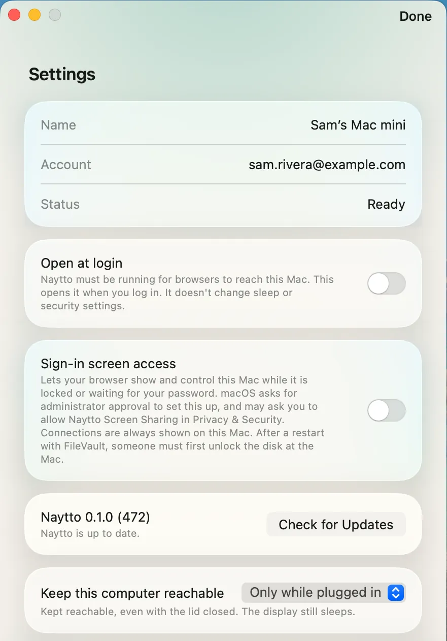 Naytto’s Settings showing the name, account and status, the Open at login and Sign-in screen access switches, Naytto 0.1.0 (472) with Check for Updates, and Keep this computer reachable.
