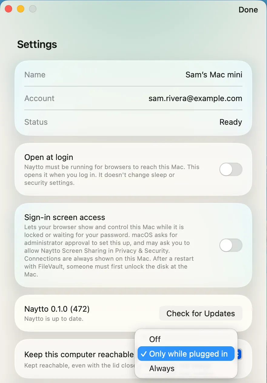 Naytto’s Settings with the Keep this computer reachable menu open, offering Off, Only while plugged in, which is checked, and Always.