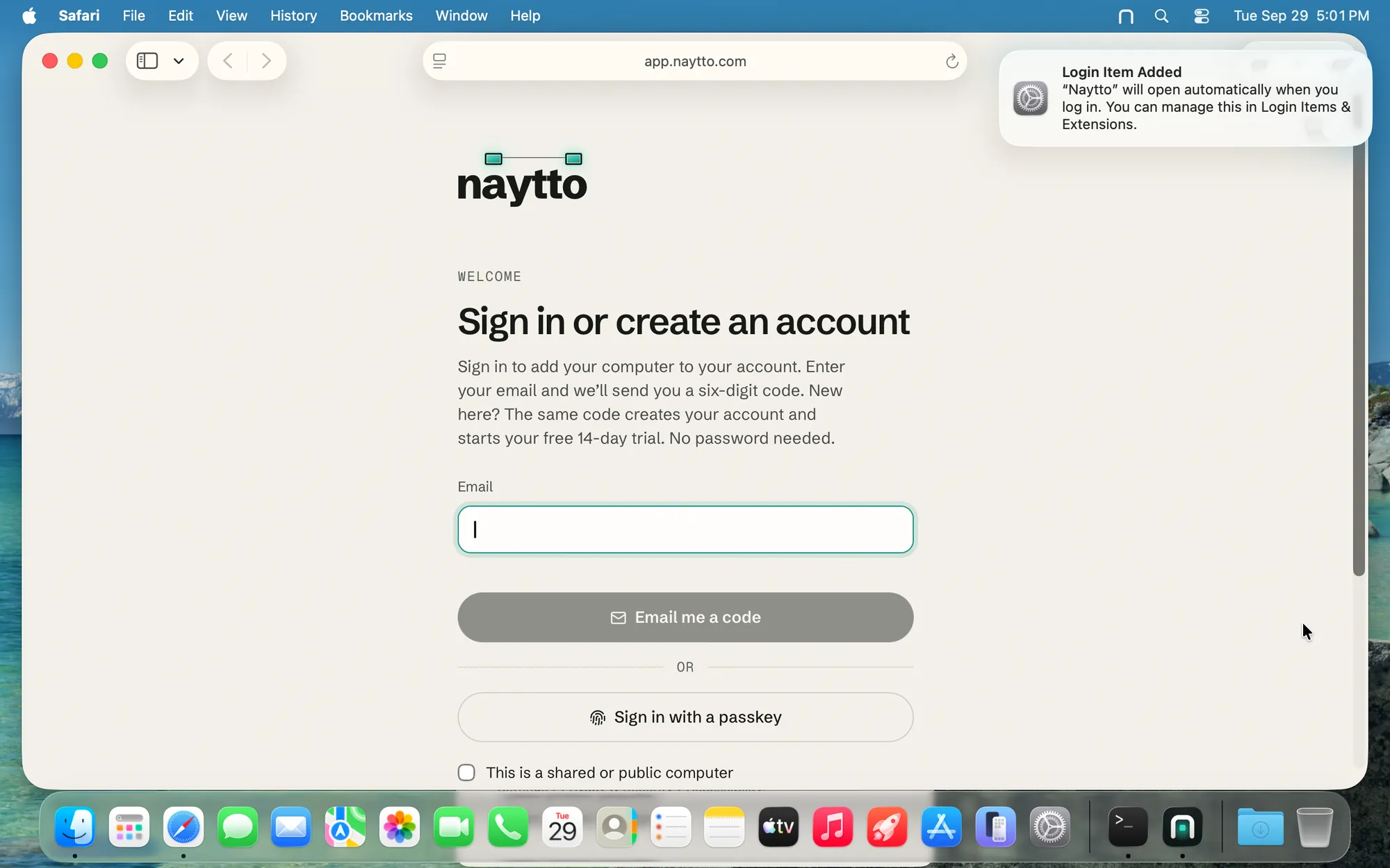 Safari on the Mac at app.naytto.com showing Sign in or create an account, with macOS’s Login Item Added notification saying “Naytto” will open automatically when you log in.