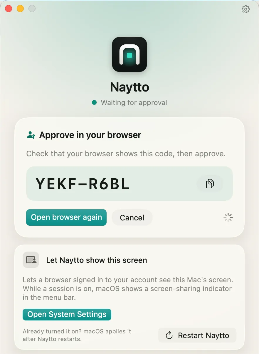 The Naytto window reading Waiting for approval, with Approve in your browser, the code YEKF-R6BL, Open browser again and Cancel.