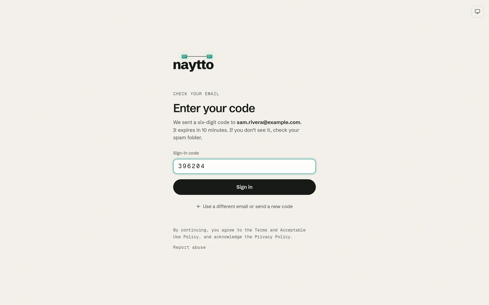 The Enter your code page for sam.rivera@example.com, with a six-digit code typed into Sign-in code above the Sign in button.