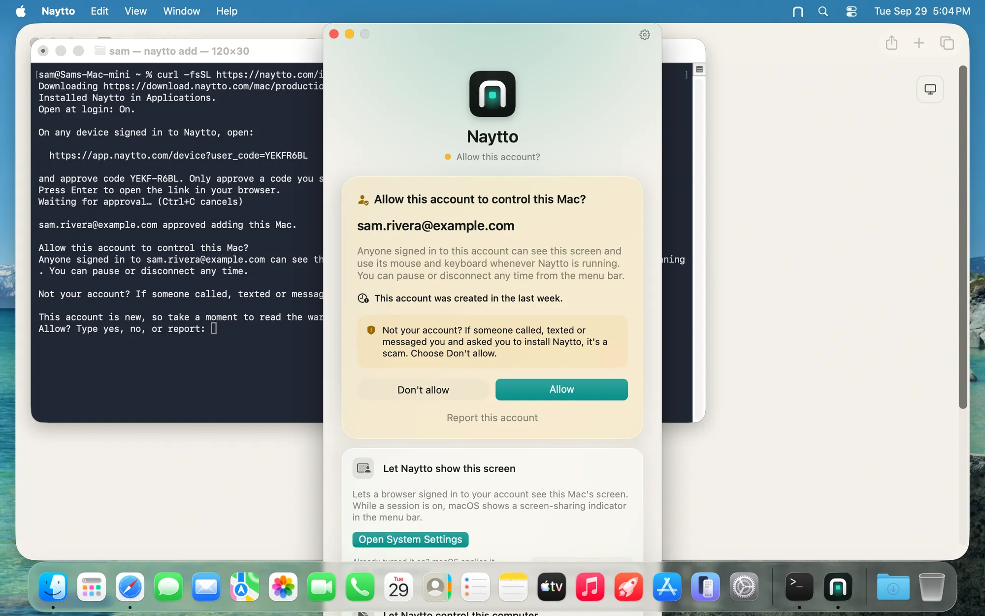 The Naytto window in front of Terminal asking Allow this account to control this Mac? for sam.rivera@example.com, with a scam warning and the Don't allow and Allow buttons.
