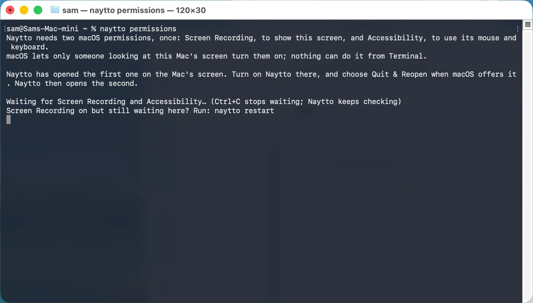Terminal after naytto permissions, explaining the two macOS permissions and waiting for Screen Recording and Accessibility, with a hint to run naytto restart.