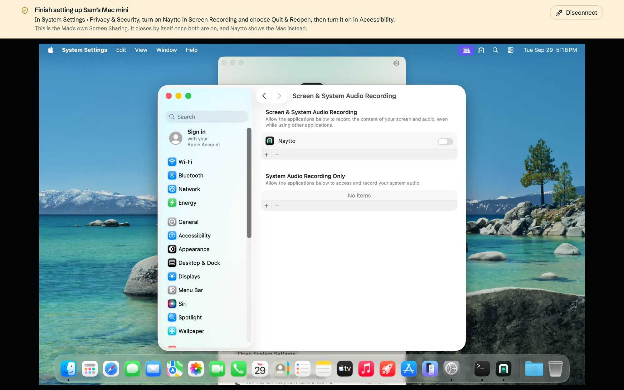 Through the browser, System Settings on the Mac at Screen & System Audio Recording, with Naytto listed and its switch off.