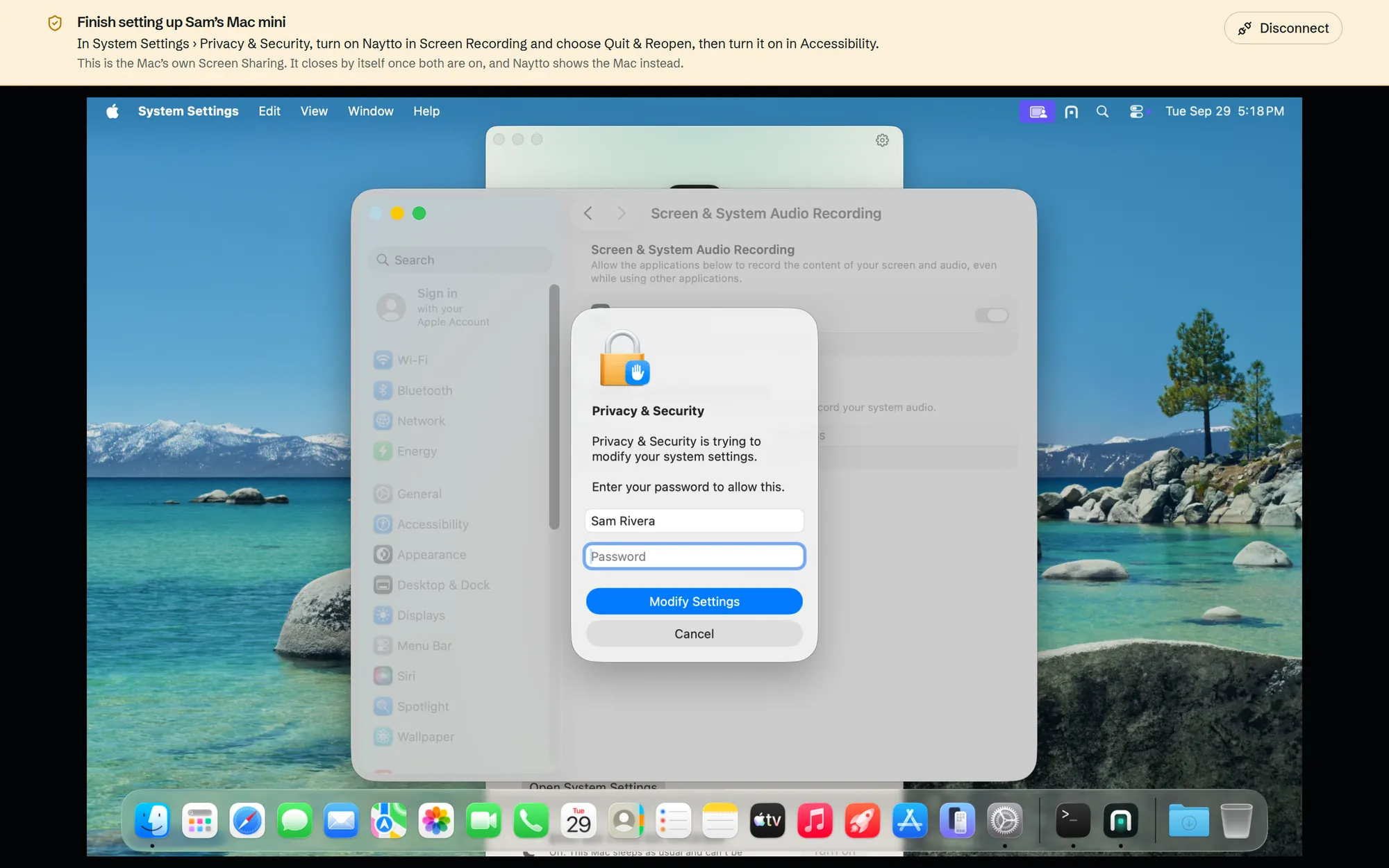 A macOS password prompt seen through the browser: Privacy & Security is trying to modify your system settings, with Sam Rivera, a Password field and Modify Settings.