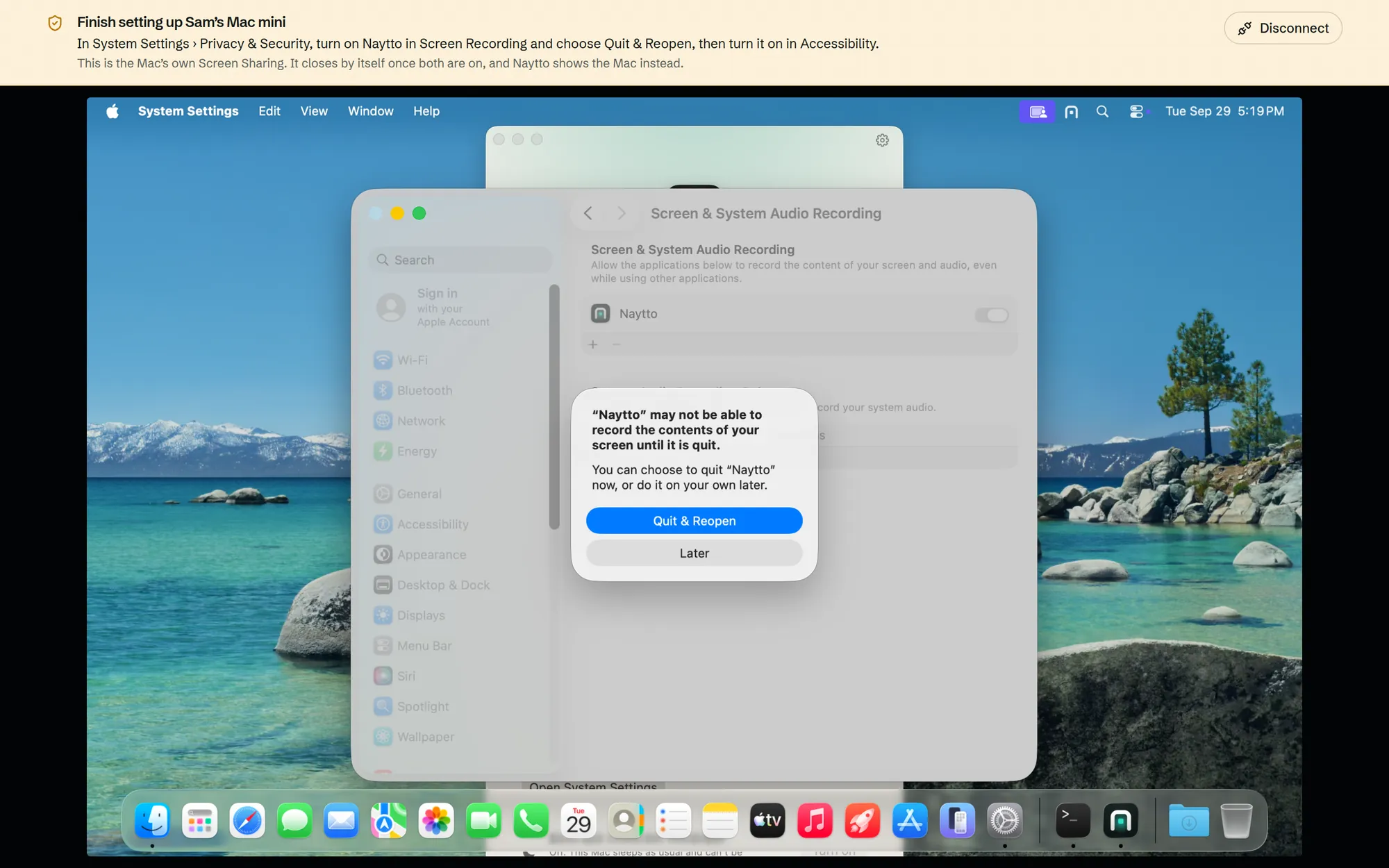 A macOS alert seen through the browser saying “Naytto” may not be able to record the contents of your screen until it is quit, with Quit & Reopen and Later.