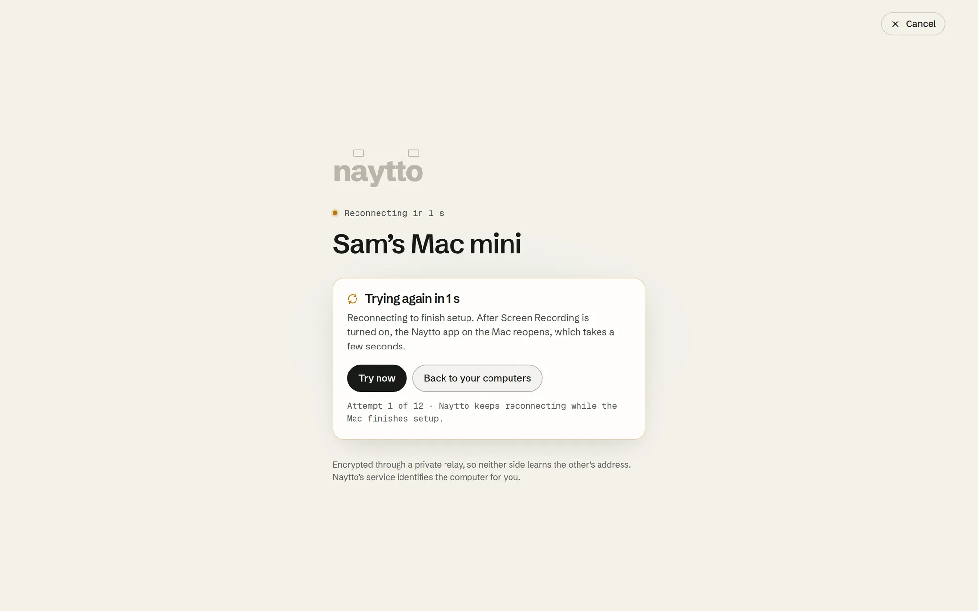 The page for Sam’s Mac mini reading Trying again in 1 s and Reconnecting to finish setup, with Try now, Back to your computers and Attempt 1 of 12.