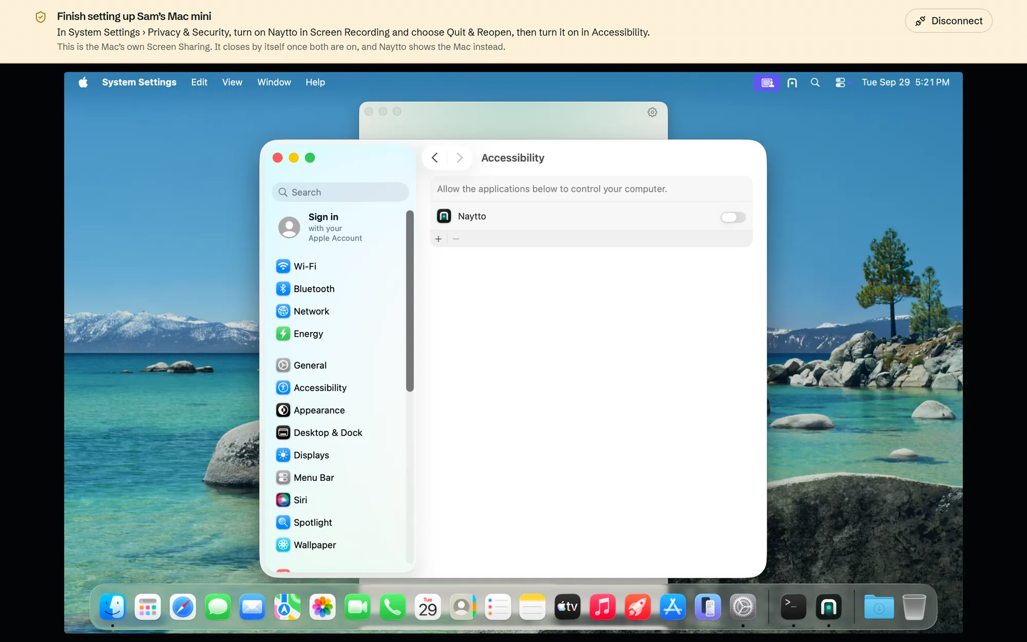 Through the browser, System Settings at Accessibility, Allow the applications below to control your computer, with Naytto listed and its switch off.