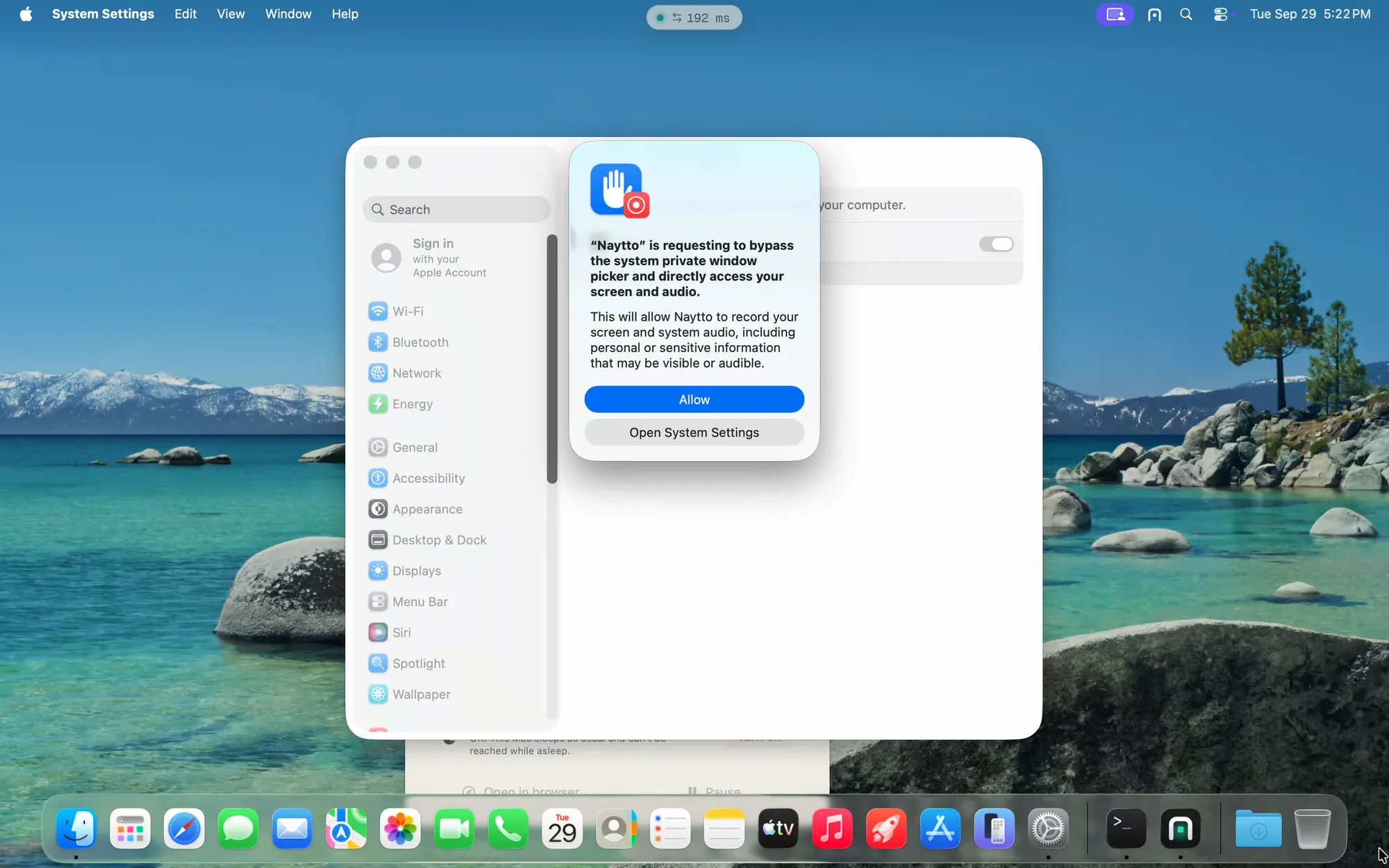 In a session, a macOS prompt on the Mac saying “Naytto” is requesting to bypass the system private window picker and directly access your screen and audio, with Allow and Open System Settings.
