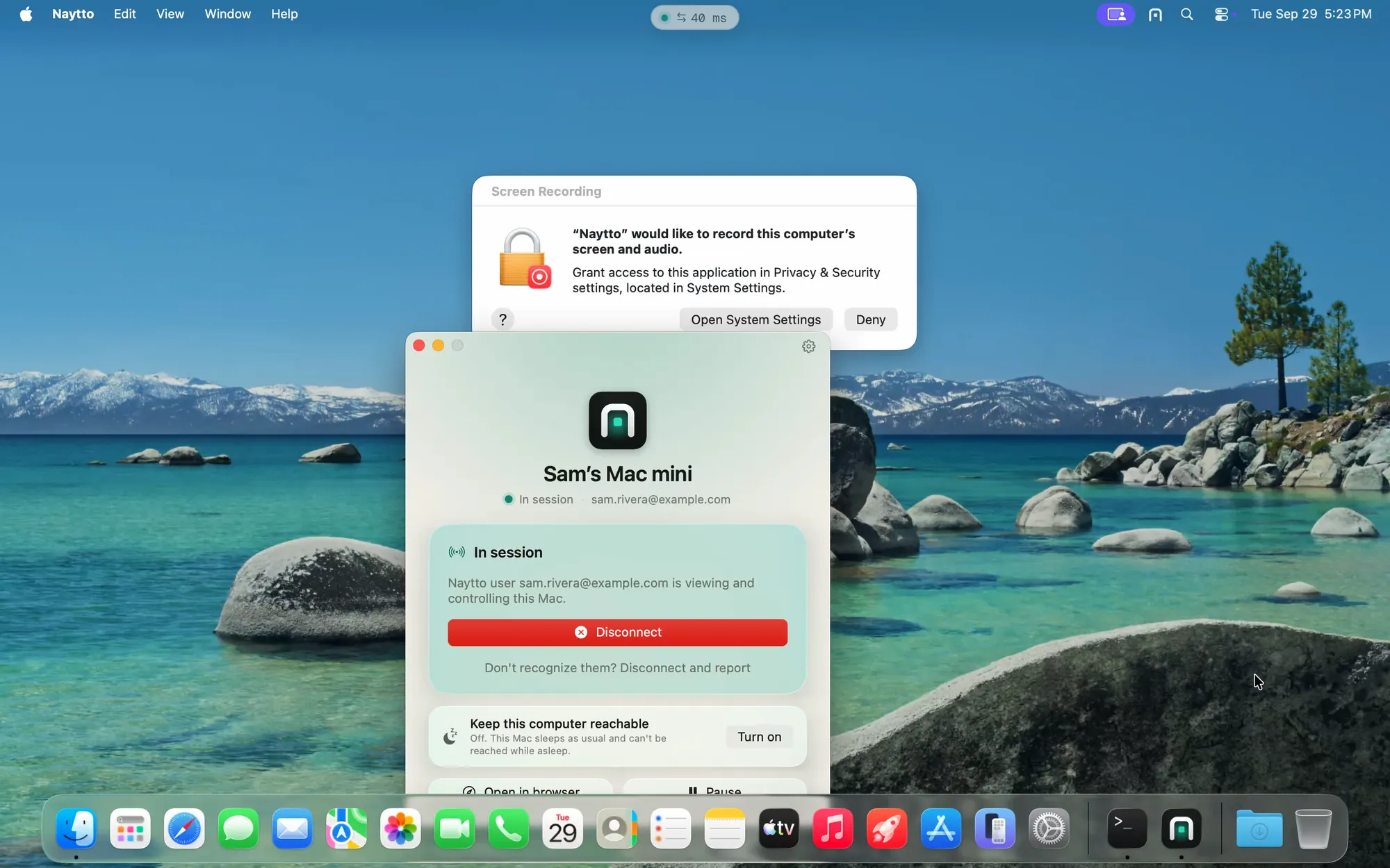 In a session, a macOS Screen Recording alert saying “Naytto” would like to record this computer’s screen and audio, with Open System Settings and Deny, above the Naytto window.