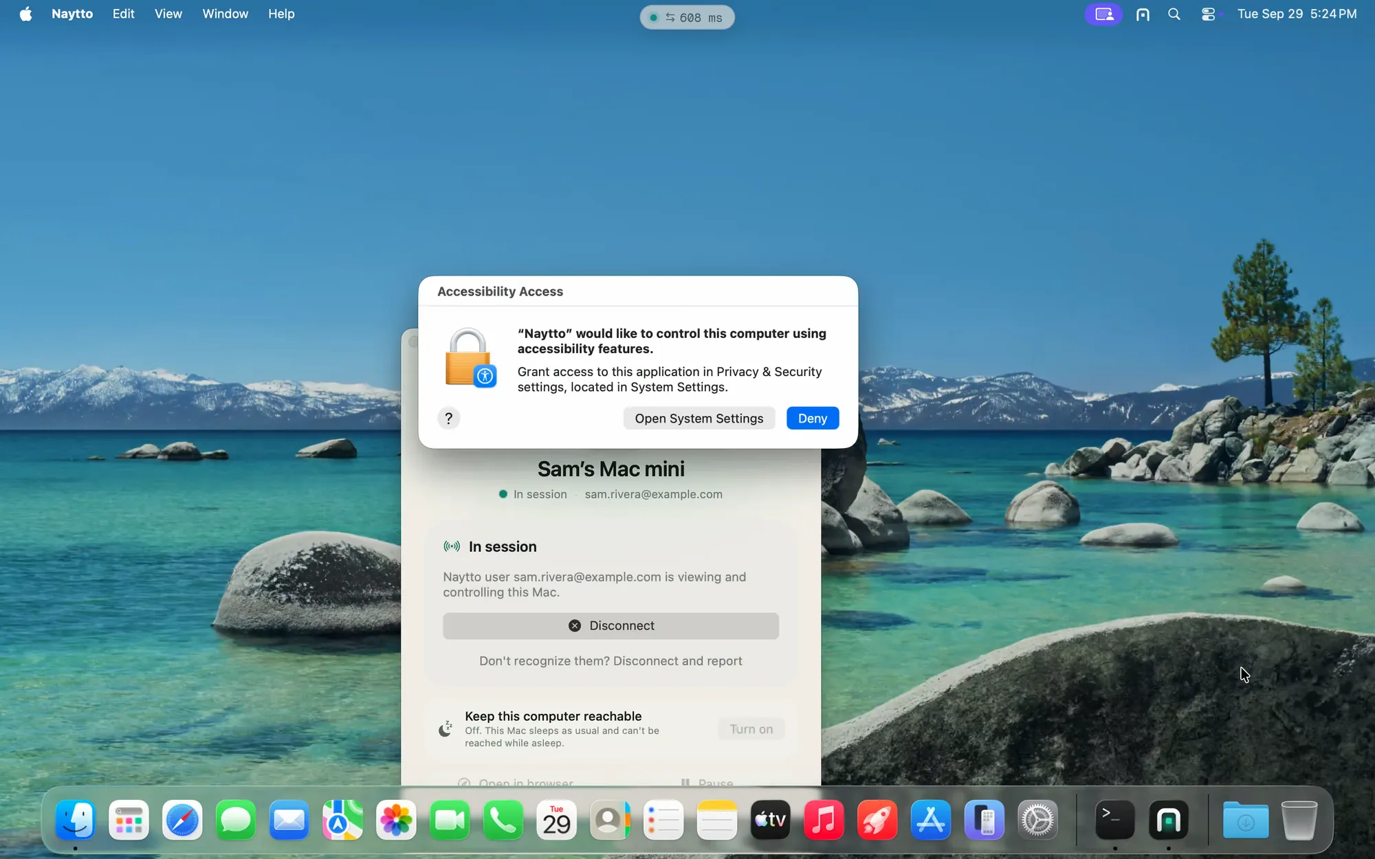 In a session, a macOS Accessibility Access alert saying “Naytto” would like to control this computer using accessibility features, with Open System Settings and a blue, default Deny button.