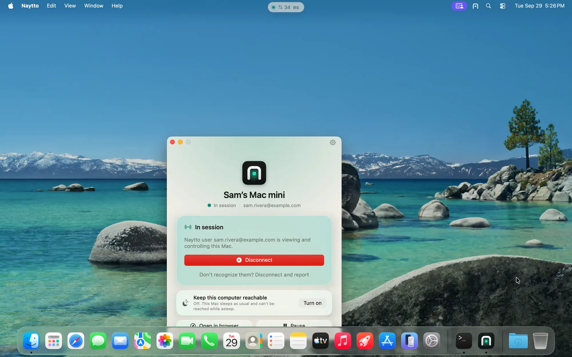 The Mac’s desktop filling the browser tab during a session, with the Naytto window reading In session for sam.rivera@example.com and a round trip of 34 ms in a pill at the top.
