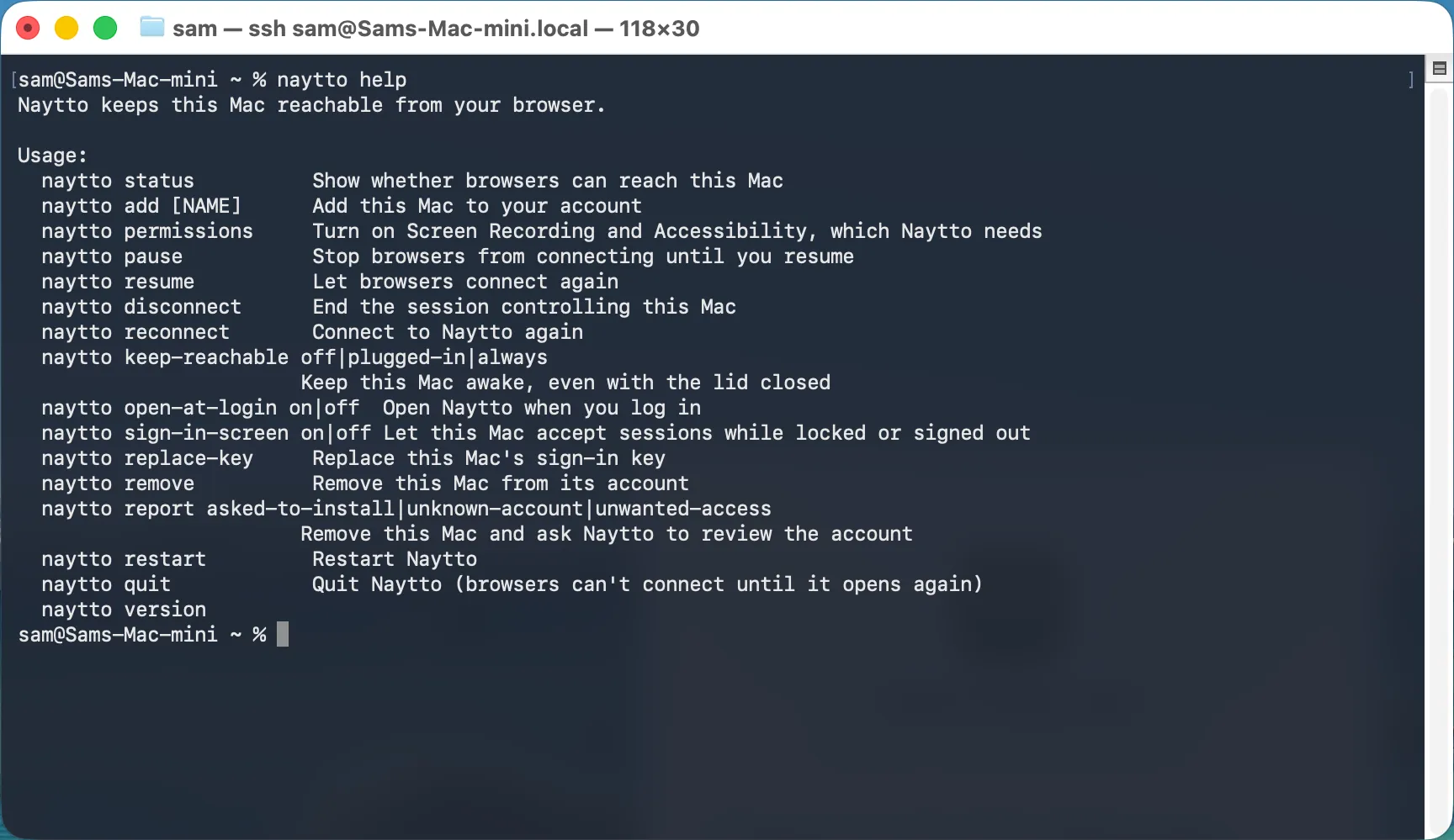 Terminal over SSH showing naytto help, a list of every naytto command with a one-line description of each.