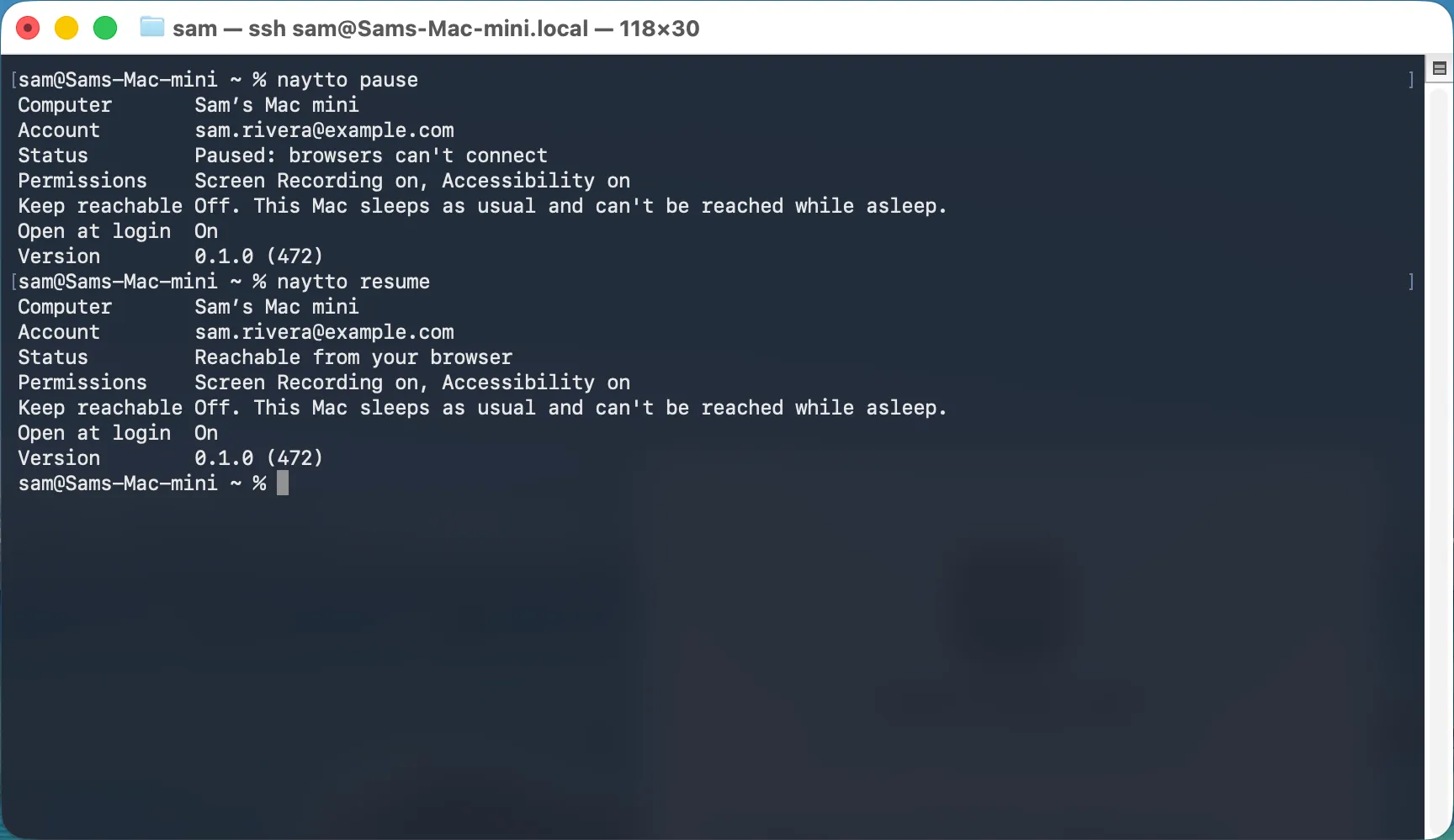 Terminal over SSH showing naytto pause, with Status Paused: browsers can't connect, then naytto resume, with Status Reachable from your browser.