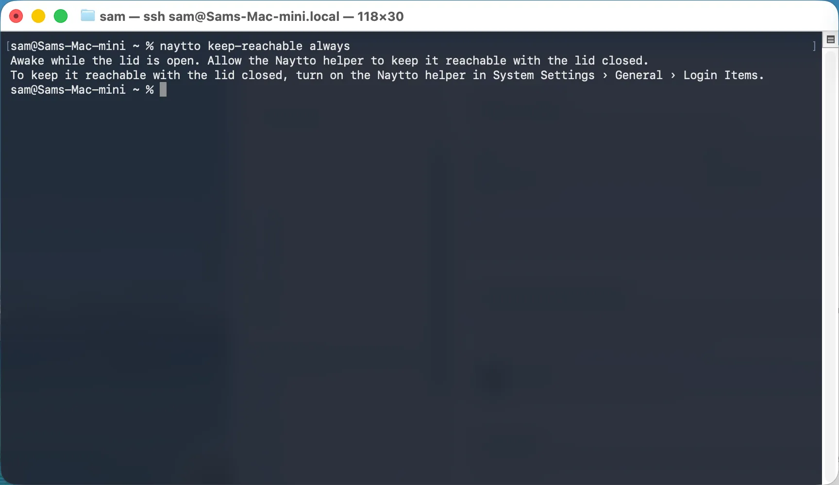 Terminal over SSH after naytto keep-reachable always, saying Awake while the lid is open and pointing to the Naytto helper in System Settings › General › Login Items.