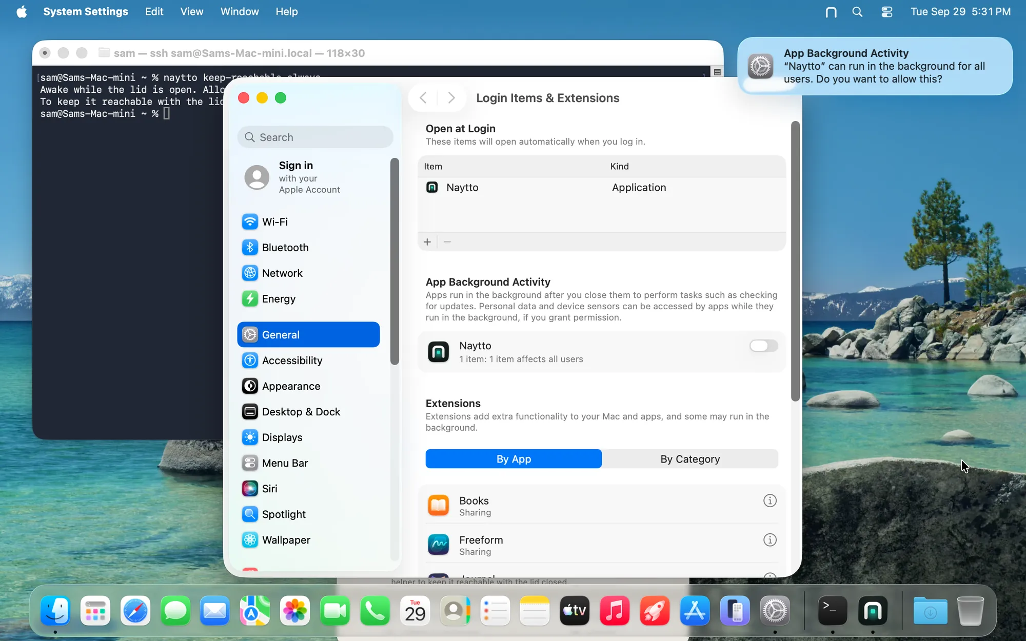 System Settings at Login Items & Extensions with Naytto’s switch off under App Background Activity, and a notification asking whether “Naytto” can run in the background for all users.