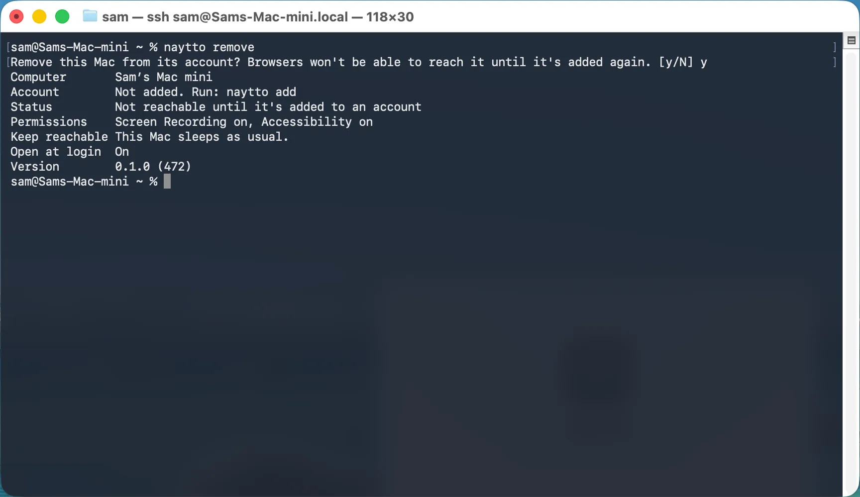 Terminal over SSH after naytto remove, answered y, with the status showing Account Not added. Run: naytto add and Status Not reachable until it's added to an account.