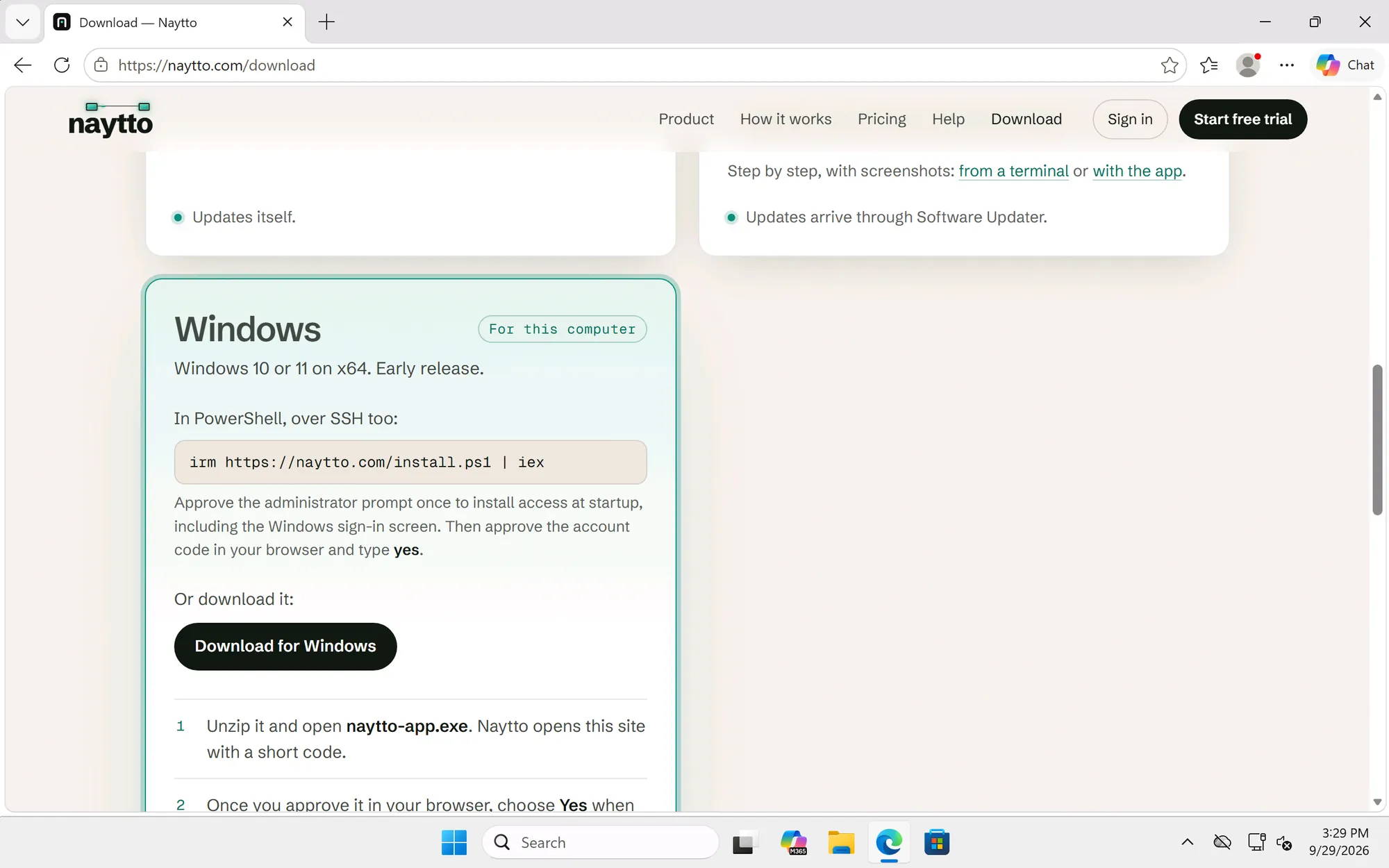 Microsoft Edge at naytto.com/download, scrolled to the Windows card marked For this computer, with the PowerShell command and the Download for Windows button.