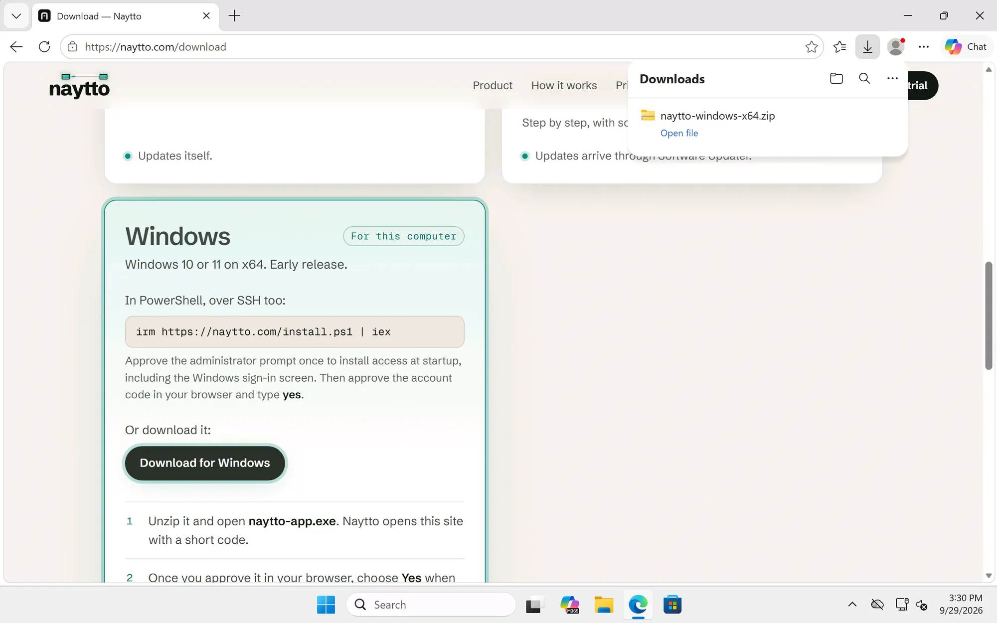 Edge’s Downloads list with naytto-windows-x64.zip finished and an Open file link under it.