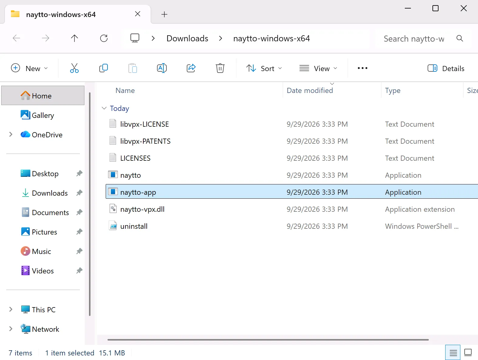 The extracted folder Downloads › naytto-windows-x64 in File Explorer, with naytto-app, an Application of 15.1 MB, selected.