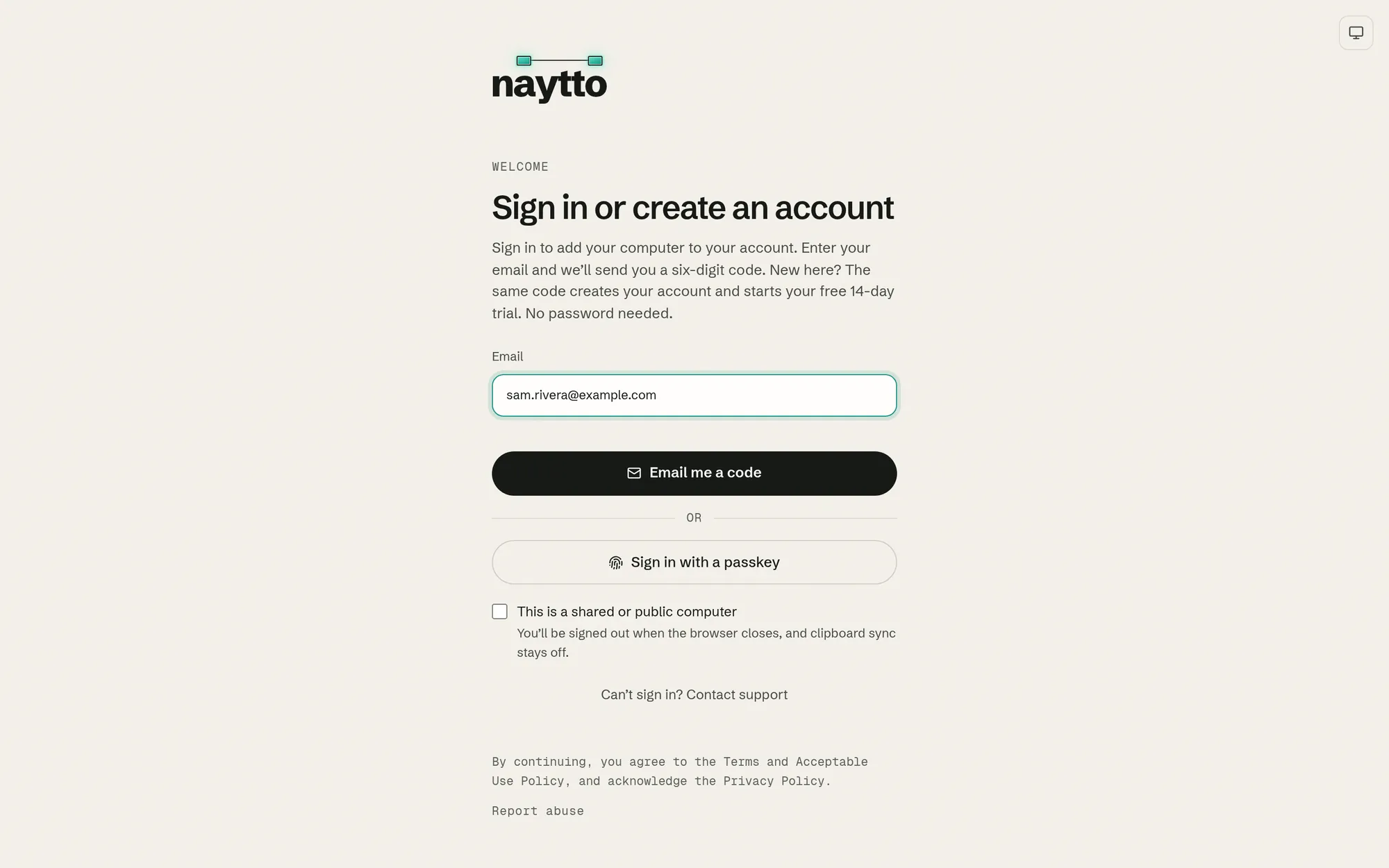 The Sign in or create an account page on app.naytto.com, with sam.rivera@example.com in the Email field above the Email me a code button.