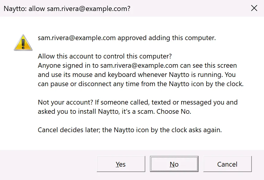 A Windows message box titled Naytto: allow sam.rivera@example.com?, asking Allow this account to control this computer?, with a scam warning and the Yes, No and Cancel buttons.