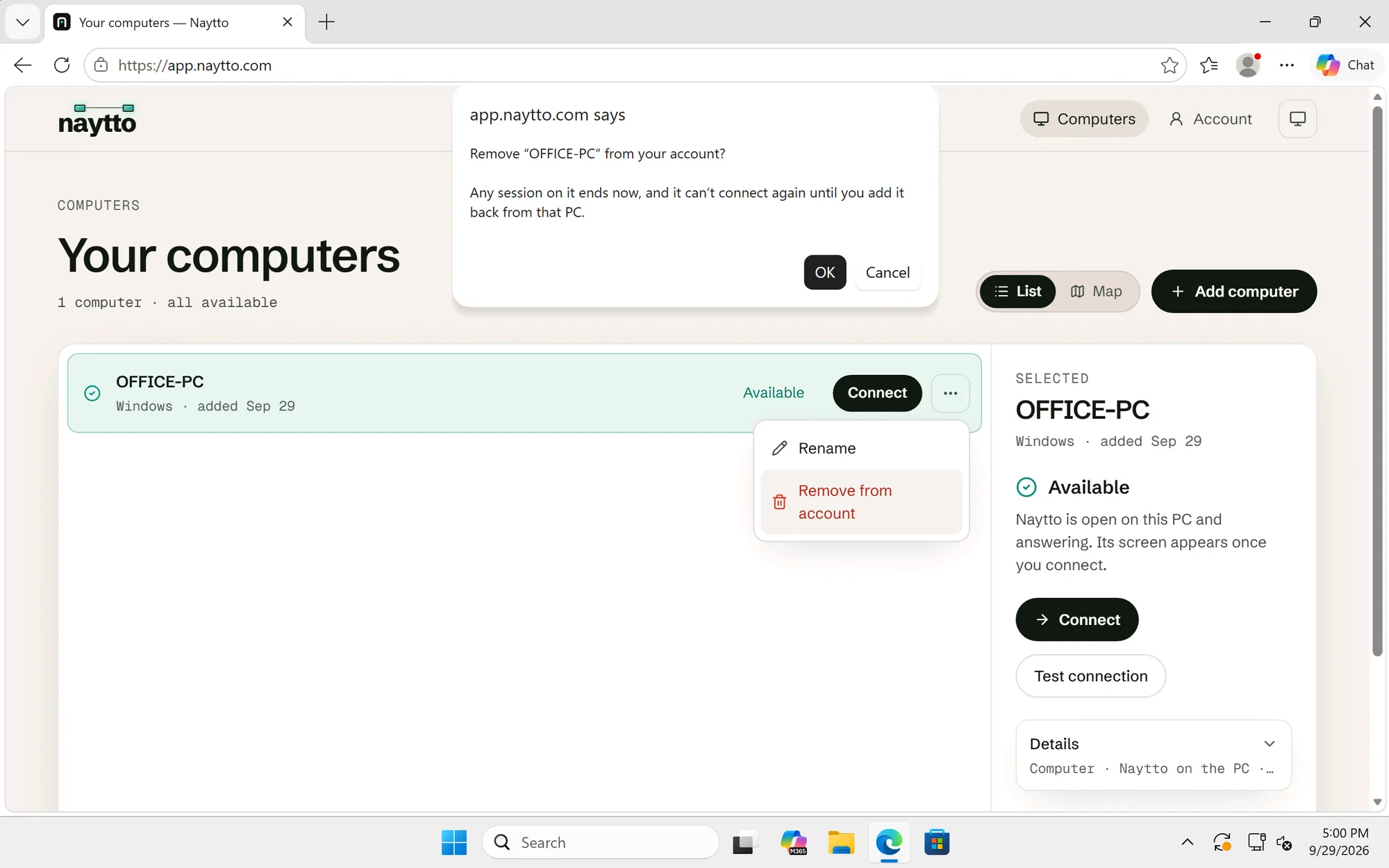 Edge at app.naytto.com with the More actions menu open next to OFFICE-PC and the browser’s dialog, app.naytto.com says Remove “OFFICE-PC” from your account?, with OK and Cancel.