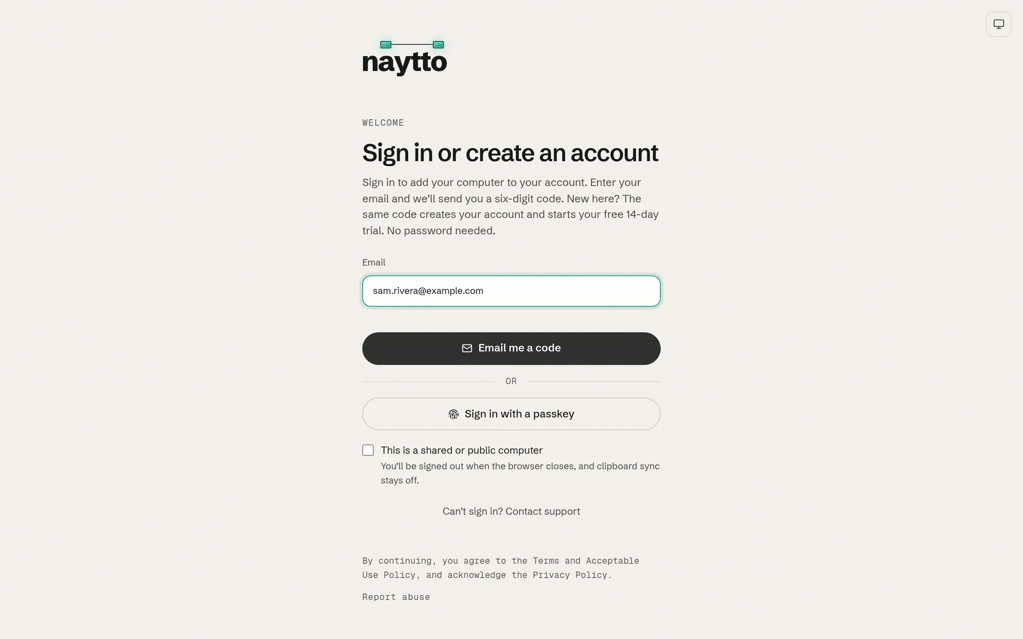 The Sign in or create an account page on app.naytto.com, saying Sign in to add your computer to your account, with sam.rivera@example.com in the Email field above the Email me a code button.