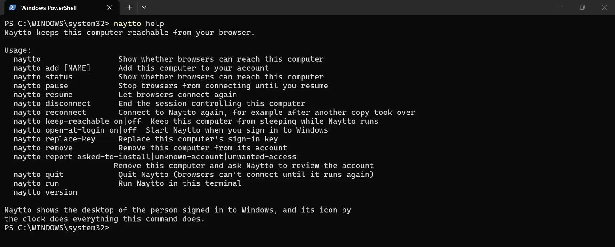 PowerShell showing naytto help, a list of every naytto command with a one-line description of each.