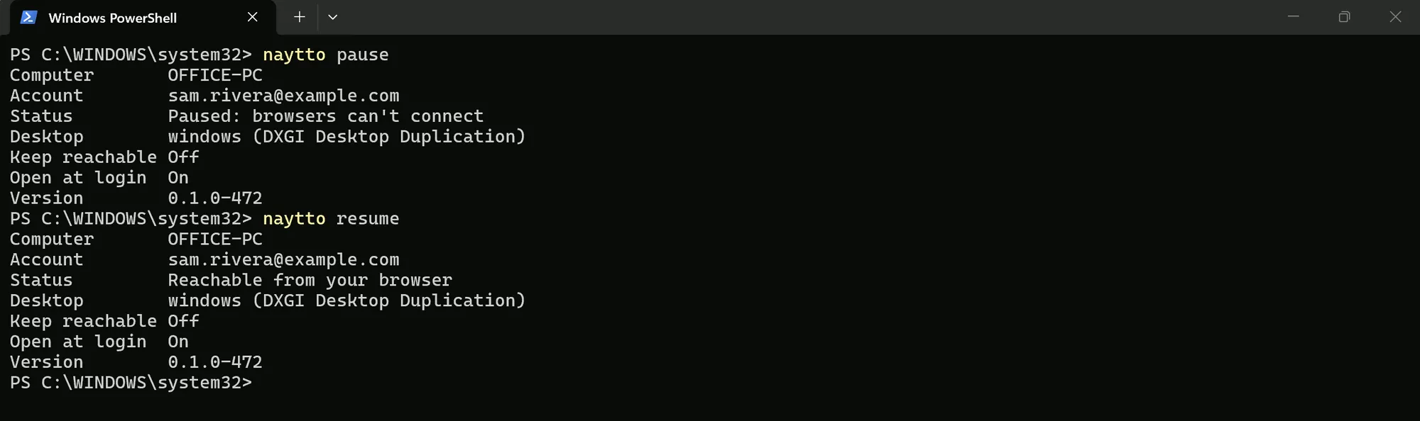 PowerShell showing naytto pause, with Status Paused: browsers can't connect, then naytto resume, with Status back to Reachable from your browser.
