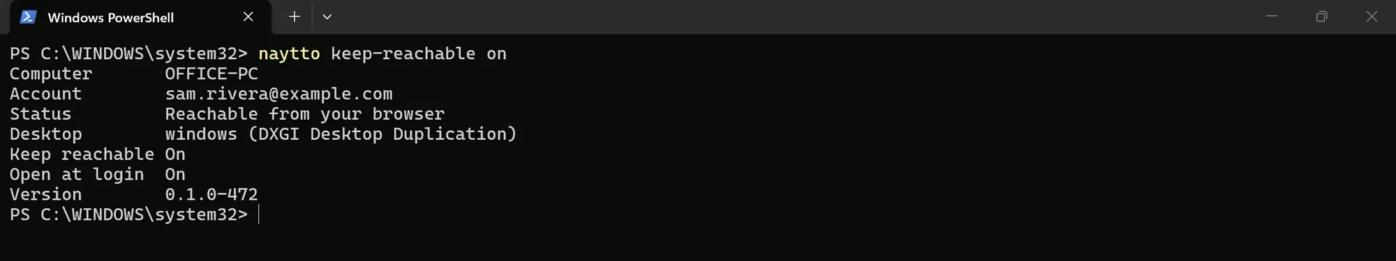 PowerShell showing naytto keep-reachable on, with the status now reading Keep reachable On.