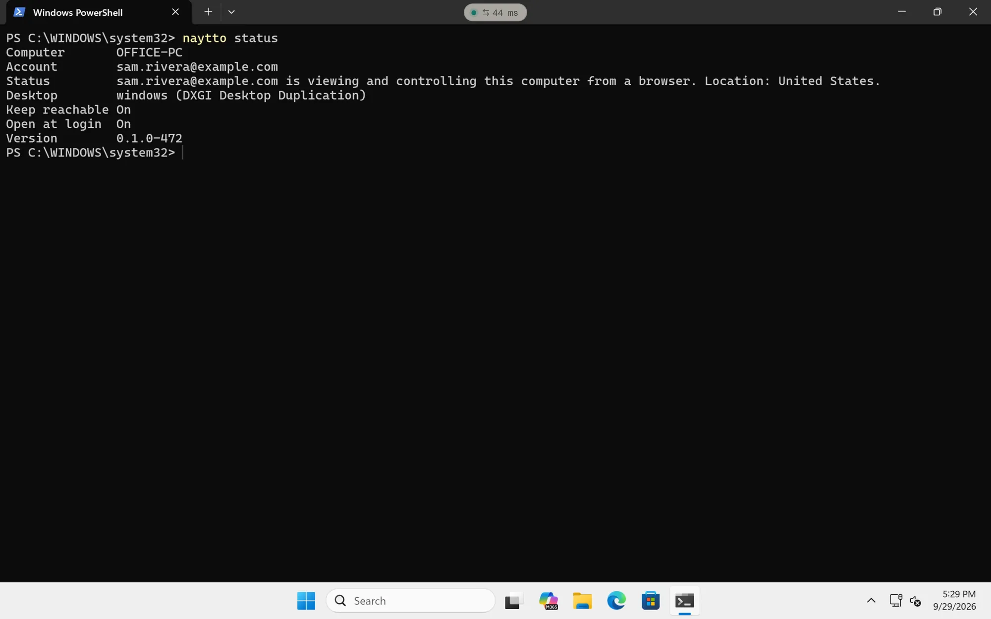A session in the browser showing the PC’s screen with PowerShell open, where naytto status says sam.rivera@example.com is viewing and controlling this computer from a browser, and a small pill reading 44 ms at the top.
