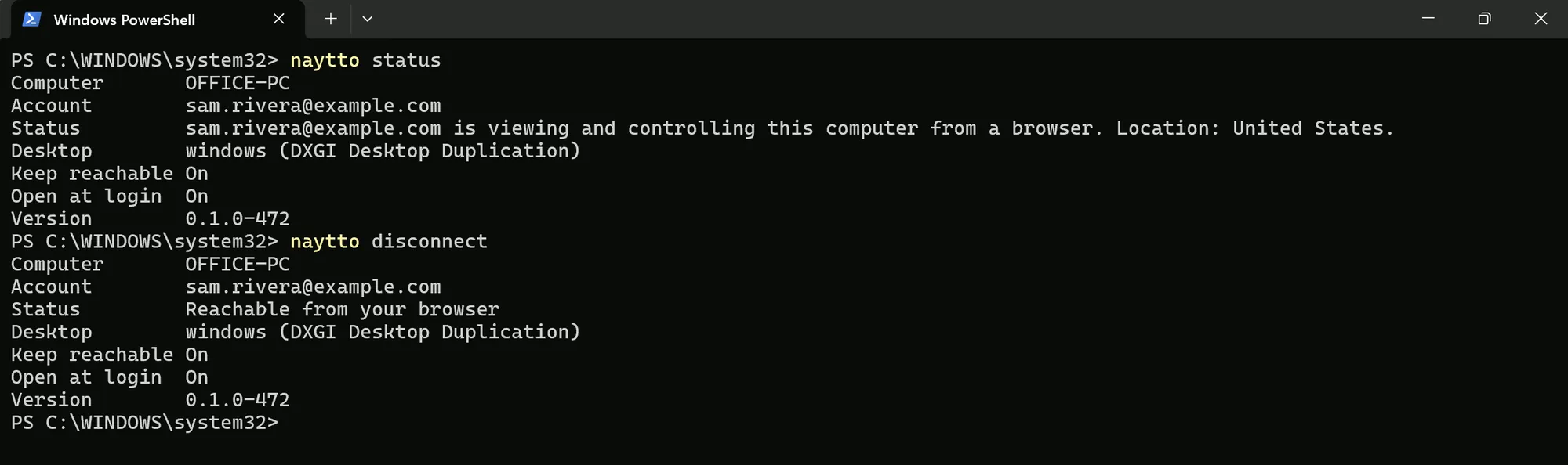 PowerShell showing naytto status while sam.rivera@example.com is viewing and controlling this computer from a browser, then naytto disconnect, after which the status reads Reachable from your browser.