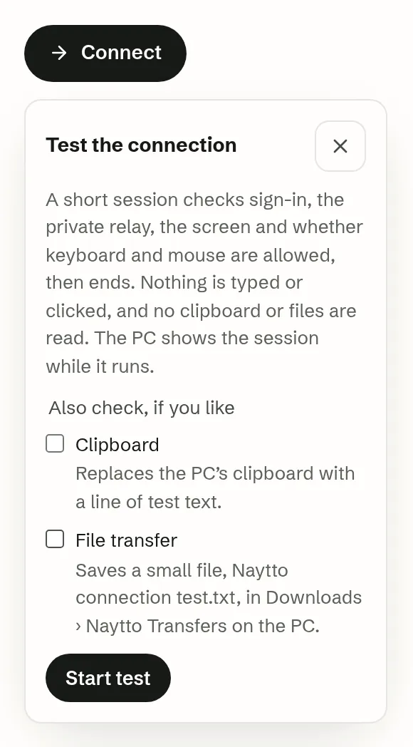 The selected PC’s panel under Connect, with the Test the connection card explaining the check, optional Clipboard and File transfer boxes and a Start test button.