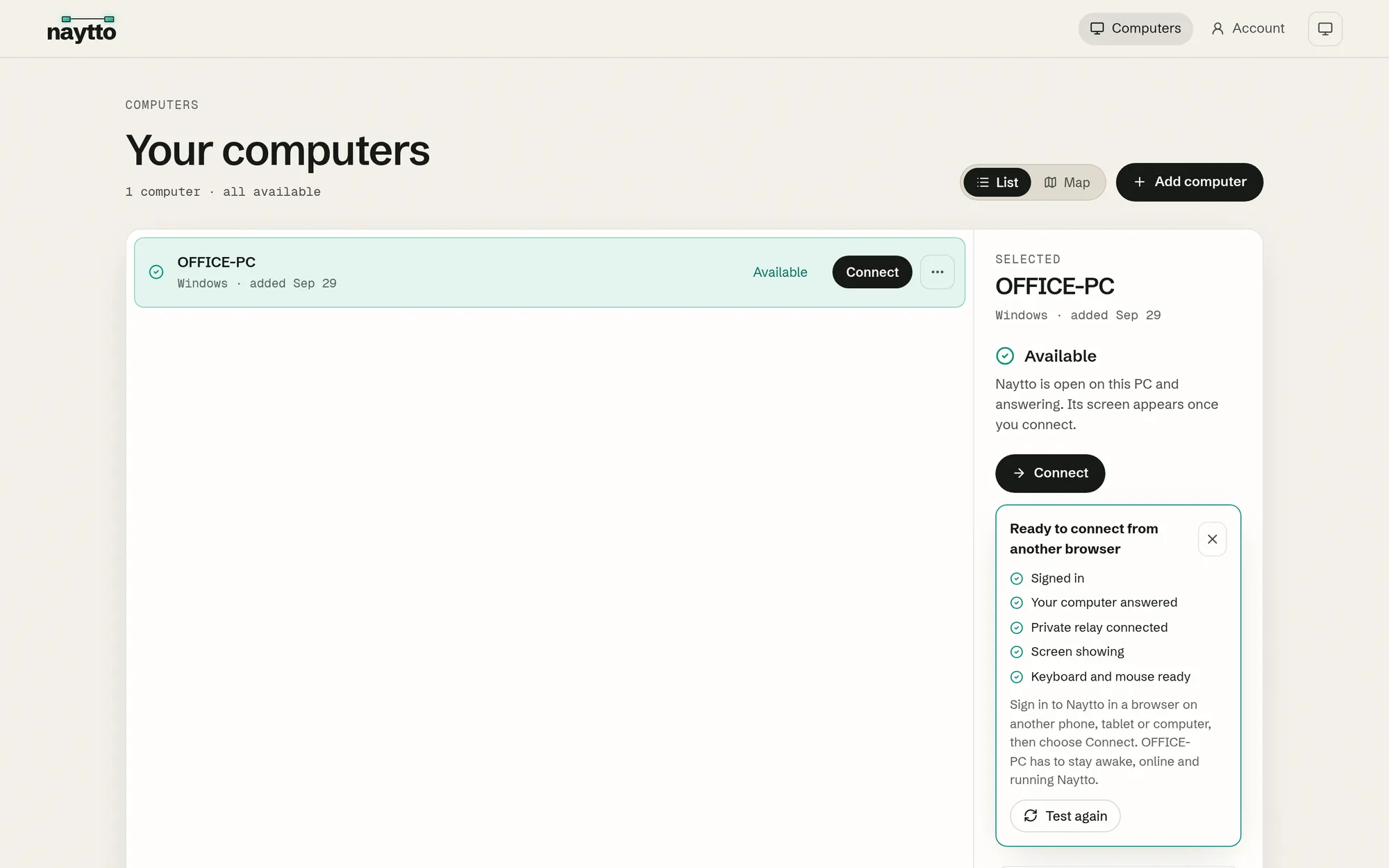 The test result, Ready to connect from another browser, with checks for Signed in, Your computer answered, Private relay connected, Screen showing and Keyboard and mouse ready.