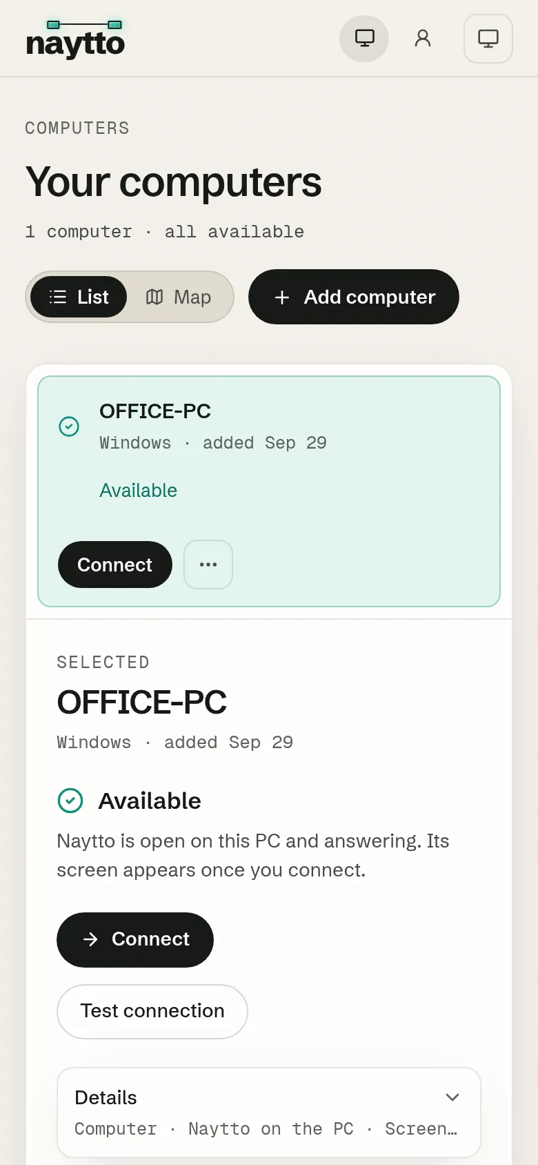 Your computers on a phone, with OFFICE-PC Available and its Connect and Test connection buttons.
