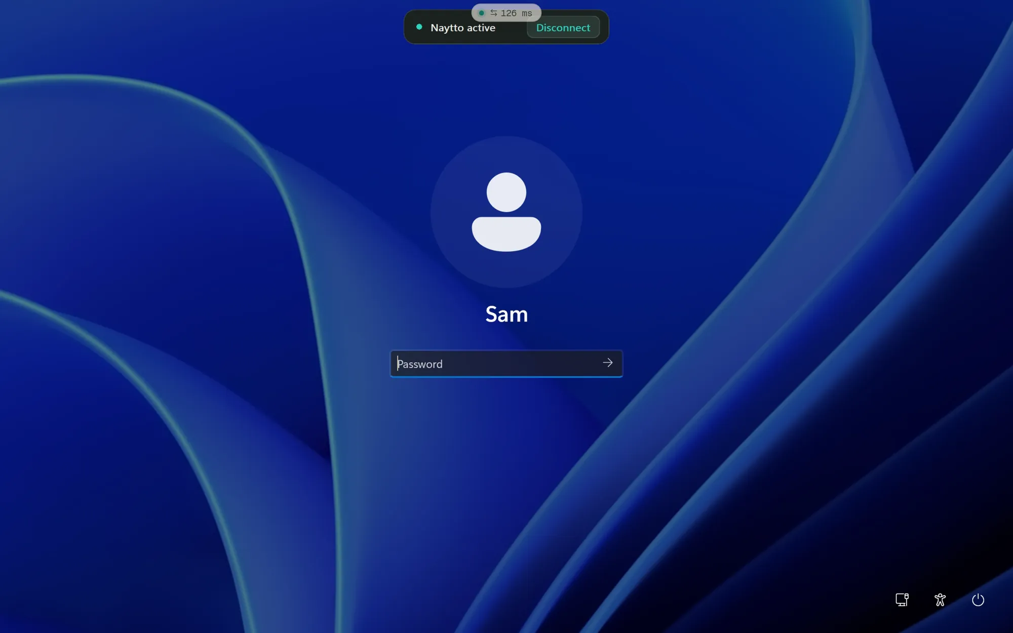 A session in the browser showing Windows’ sign-in screen for Sam with a Password box, and Naytto’s notice, Naytto active with a Disconnect button, at the top.