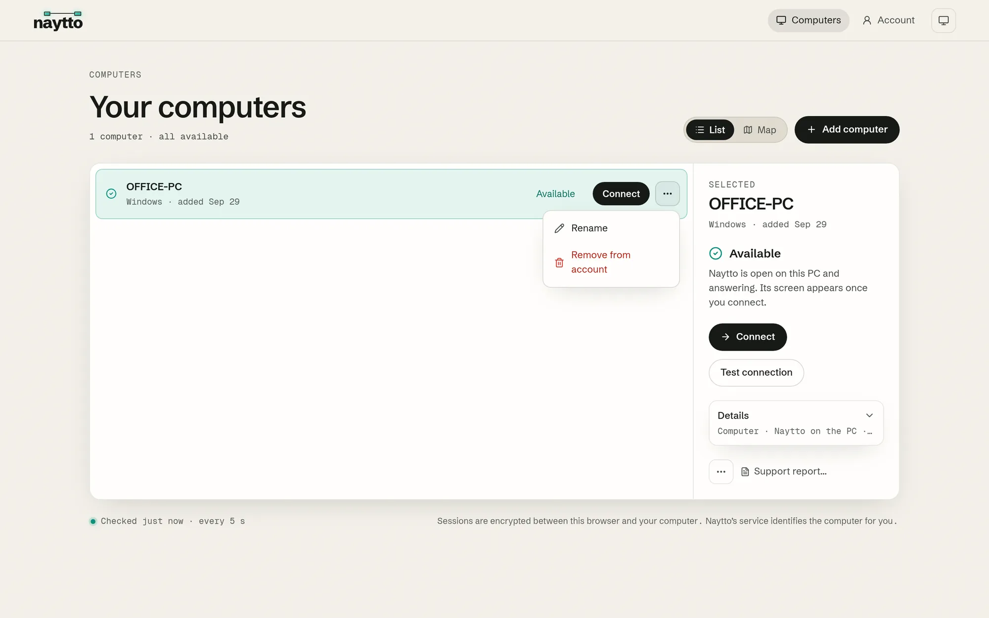 Your computers with the More actions menu open next to OFFICE-PC, offering Rename and Remove from account.